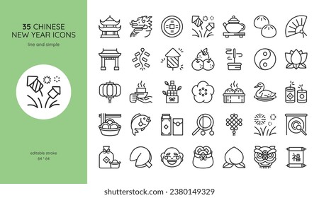 Chinese New Year Icon Set. Dragon, Temple, Firework, Mandarin, Incense Burner, Fortune Charm, Blessing Scroll, Chinese Drum Toy and Gong. Editable Vector Festival Signs Collection.	