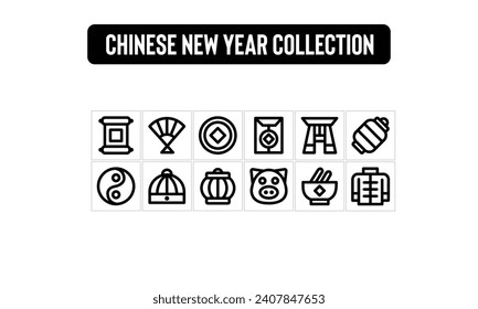 Conjunto de iconos de Año Nuevo chino, estilo de esquema.