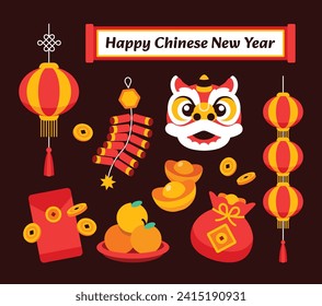 Chinese new year icon set. Flat design element in minimal modern geometric style on isolated background. Lion dance, money, gold ornament for ads, promotion banner decoration. Vector illustation.