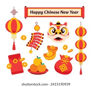 Chinese new year icon set. Flat design element in minimal modern geometric style on isolated background. Lion dance, money, gold ornament for ads, promotion banner decoration. Vector illustation.