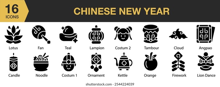 Chinese New Year icon set. Includes angpao, candle, cloud, fan, costume fireworks, and More. Solid icons vector collection.