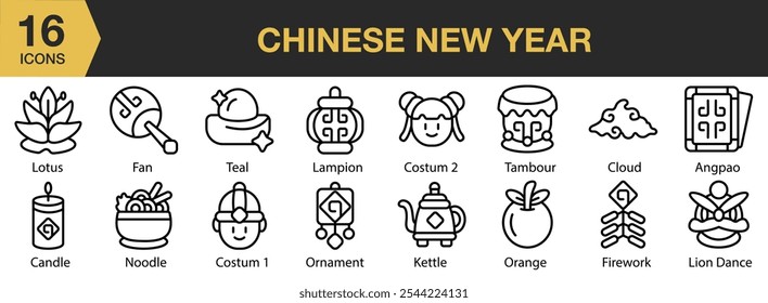 Chinese New Year icon set. Includes angpao, candle, cloud, fan, costume fireworks, and More. Outline icons vector collection.