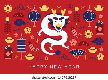 Chinese new year icon symbolic vector illustration set. Year of the dragon. Chinese elements in modern minimalist style on chinese pattern background.