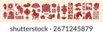 Chinese New Year icon, vector hand drawn Asian holiday 2026 horse print set, red celebration design. Traditional oriental decorative design elements, lucky coin sign, lantern, dragon. Chinese icon kit