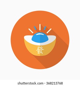 Chinese New Year icon, Vector flat long shadow design.Gold ingot with words means "wealth"