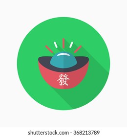 Chinese New Year icon, Vector flat long shadow design.Gold ingot with words means "wealth"