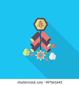 Chinese New Year icon, Vector flat long shadow design. firecrackers means " wish good luck and fortune comes."