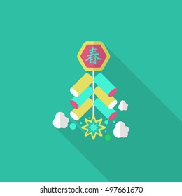 Chinese New Year icon, Vector flat long shadow design. firecrackers means " wish good luck and fortune comes."