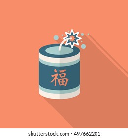Chinese New Year icon, Vector flat long shadow design.word  "fu", Chinese festival couplets with firecrackers means  - good luck and happiness to you.
