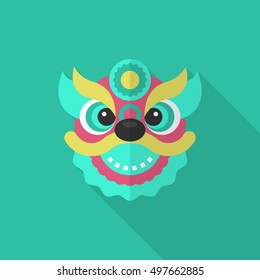 Chinese New Year icon, Vector flat long shadow design.The dragon and lion dancing head