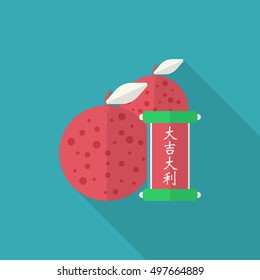 Chinese New Year icon, Vector flat long shadow design.Chinese lucky orange means "Wish you whole year will be lucky and propitious."
