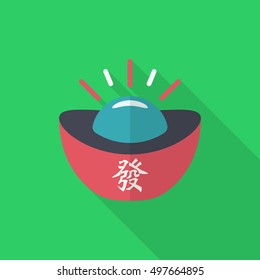 Chinese New Year icon, Vector flat long shadow design.Gold ingot with words means "wealth"