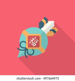 Chinese New Year icon, Vector flat long shadow design. lucky white radish with Chinese words means " Wish it can brings luck to you in the new year."