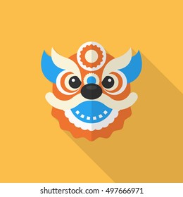 Chinesische Neujahrs-Ikone, Vektor flache lange Schatten Design.Der Drache und Löwe tanzen Kopf