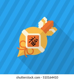 Chinese New Year icon, Vector flat long shadow design. lucky white radish with Chinese words means " Wish it can brings luck to you in the new year."