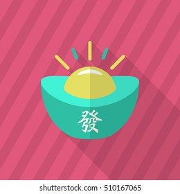 Chinese New Year icon, Vector flat long shadow design.Gold ingot with words means "wealth"