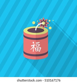 Chinese New Year icon, Vector flat long shadow design.word  "fu", Chinese festival couplets with firecrackers means  - good luck and happiness to you.
