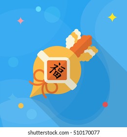Chinese New Year icon, Vector flat long shadow design. lucky white radish with Chinese words means " Wish it can brings luck to you in the new year."