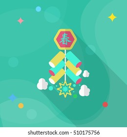 Chinese New Year icon, Vector flat long shadow design. firecrackers means " wish good luck and fortune comes."