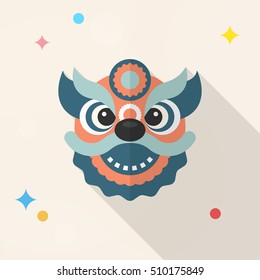 Chinese New Year icon, Vector flat long shadow design.The dragon and lion dancing head