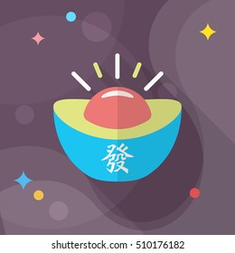 Chinese New Year icon, Vector flat long shadow design.Gold ingot with words means "wealth"