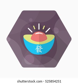 Chinese New Year icon, Vector flat long shadow design.Gold ingot with words means "wealth"