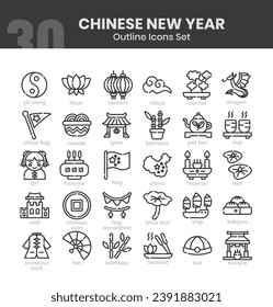 Chinese New Year Icons Bundle. Thin outline icon style. Vector illustration