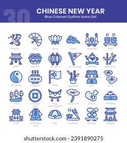 Chinese New Year Icons Bundle. Blue colored outline icon style. Vector illustration