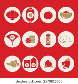 Chinese New Year icons featuring red and gold lanterns, coins, red envelopes, firecrackers, peach, ingot, and auspicious symbols on a festive red background.