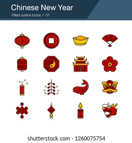 Chinese new year icons. Filled outline design. For presentation, graphic design, mobile application, web design, infographics, UI. Vector illustration.