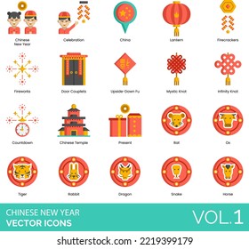Chinese New Year Icons including Ancestors, Bamboo, Best Wishes, Celebration, China, Calendar, Family, Food, Hat, Man, New Year, Temple