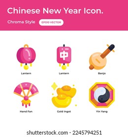 Chinese New Year Icons with lantern, banjo, hand fan, gold ingots, yin yang