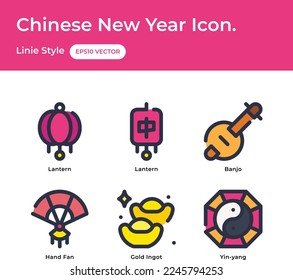Chinese New Year Icons with lantern, banjo, hand fan, gold ingots, yin yang