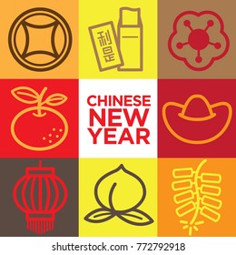 Chinese New Year icons. Money, red packet, flower, tangerine, gold ingot, lantern, peach and firecrackers.