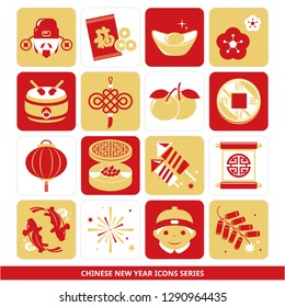 Chinese New Year icons series - god of wealth, red pocket money, gold ingots, peach blossom, Chinese drum, 
ruyi knot, calamondin, copper coins, Chinese lantern, candy box, firecracker, red couplets