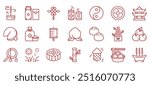 Chinese New Year Icons Set. Linear Icons of Traditional Symbols of the Chinese Lunar New Year, Including Red Envelopes, Fortune Cookies, Lanterns, Fireworks, and Temple for Celebrations and Festivals