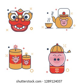 Chinese New Year Icons Set with Outline Filled Style