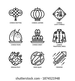 Chinese new year icons set outline style