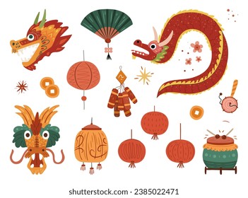 Chinese New Year icons set. Vector illustration of fan and lantern lamp, drum and drumsticks, prosperity coins and dragon beast face mask. Flat cartoon oriental lamp and coins, firecrackers