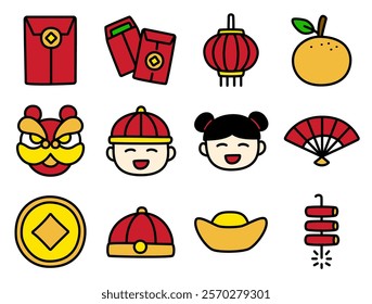 Chinese new year Icons set. Colored Icons. Vector illustration
