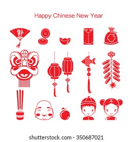 Chinese New Year Icons Set, Monochrome, Traditional Celebration, China
