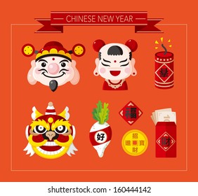 Chinese New Year icons set,Chinese word "Happy new year" "Congratulatio n" "Spring" "Blessing" ;