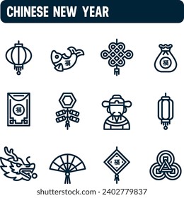 Iconos del año nuevo chino. Juego de vectores del Festival de Primavera. Diseño de iconos de esquema. Abundancia, felicidad, prosperidad.