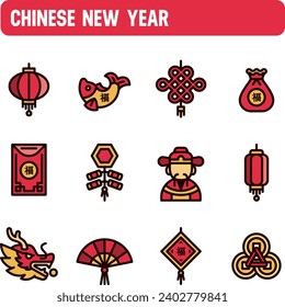 Chinese new year icons. Spring Festival vector set. Color icon design. Abundance, happiness, prosperity.