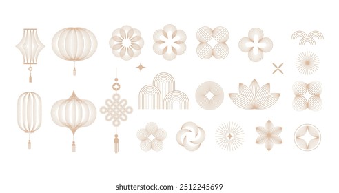 Chinese New Year icons, symbols and decorations. Abstract linear design, illustrations. Line art lanterns, flowers, clouds and frames. Collection of modern minimalist vector illustrations