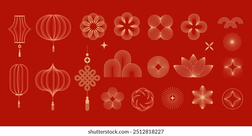 Iconos, símbolos y decoraciones del Año Nuevo chino. Diseño lineal Abstractas, ilustraciones. Linternas de arte de línea, flores, nubes y marcos. Colección de Ilustraciones vectoriales minimalistas modernas