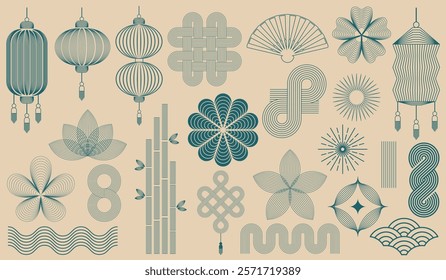 Chinese New Year icons, symbols and decorations. Abstract linear design, illustrations. Line art lanterns, flowers, clouds and frames. Collection of modern minimalist illustrations, japanese elemen