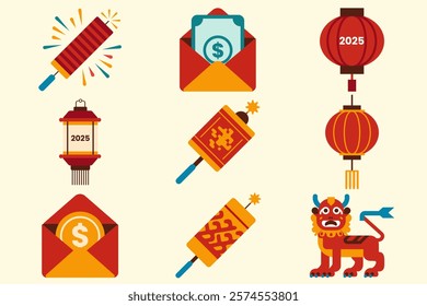 Chinese New Year icons, symbols and decorations. Abstract designs, illustrations. Line art lanterns, hongbao, fireworks, lion and dragon.