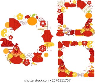 Ícones chineses de Ano Novo, símbolos e decorações circulam o conjunto de molduras redondas. Lanternas de arte de linha, flores, nuvens e quadros. ilustração vetorial ano de Galo 2029
