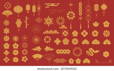 Chinese New Year Icons Ultimate vector set. Wave, flower, lantern, fan, snake, cloud, fan, coin, firework, icons of Asian Lunar New Year holiday decoration vector.